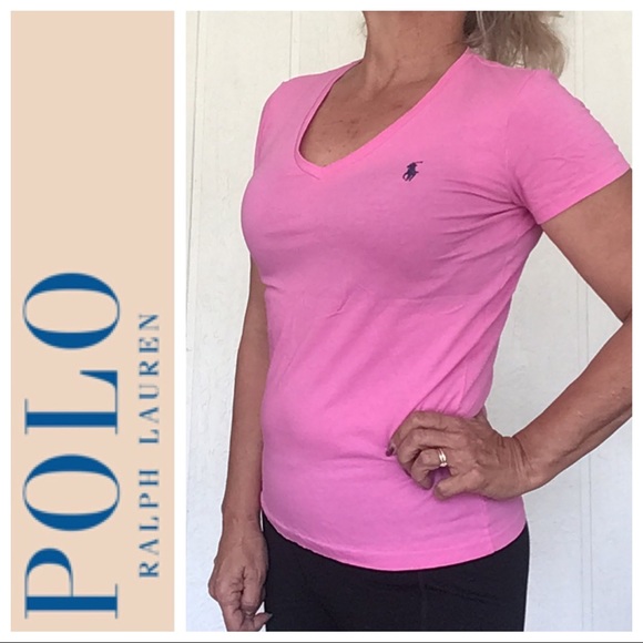 POLO RALPH LAUREN PINK VEE NECK POLO PONY T SHIRT MEDIUM - Picture 2 of 11